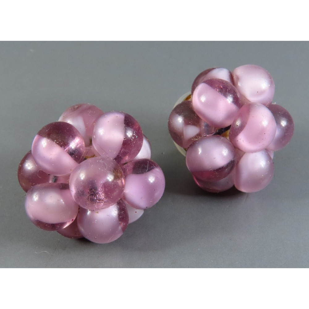 Vintage PURPLE GIVRE GLASS Beaded Cluster Earrings BUBBLES Lavender RETRO CHIC!